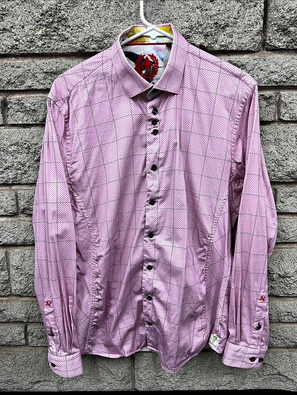 Au Noir Men’s Pink Check Designer Dress Shirt Size 4 Large Contrast Cuffs